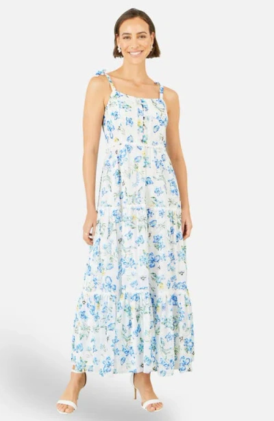 Yumi Butterfly Print Lace Trim Maxi Dress In Blue