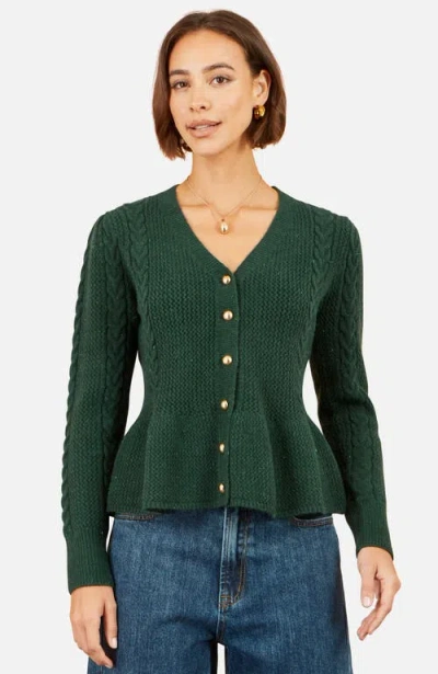 Yumi Cable Knit Peplum Cardigan In Green
