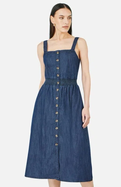 Yumi Chambray Cotton Ruched Midi Sun Dress In Blue