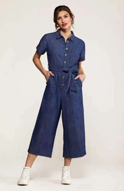 Yumi Chambray Light Denim Button Jumpsuit In Blue