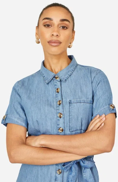 Yumi Chambray Light Denim Button Jumpsuit In Blue