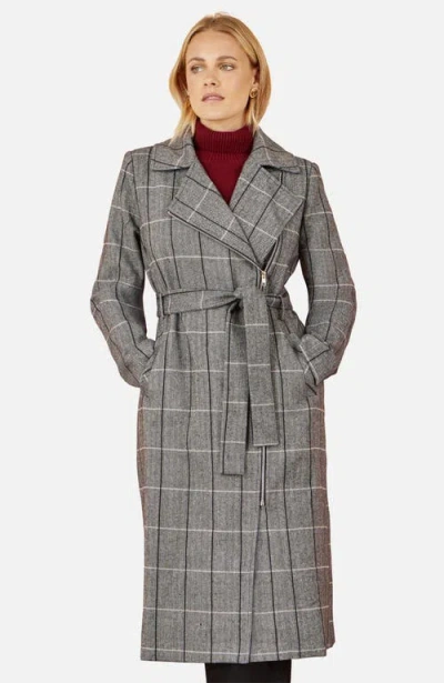 Yumi Check Oversize Long Biker Coat In Gray