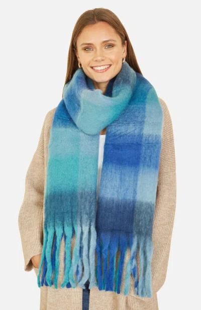 Yumi Check Soft Tassel Scarf In Blue