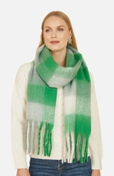 Yumi Check Soft Tassel Scarf In Green