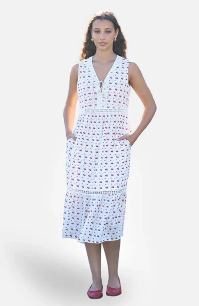 Yumi Cherry Print Lace Trim Cotton Midi Dress In White