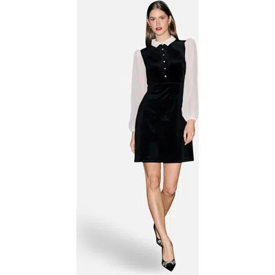 Yumi Contrast Long Sleeve Velvet Mini Dress In Black
