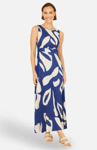 Yumi Cotton Abstract Print Maxi Dress In Blue