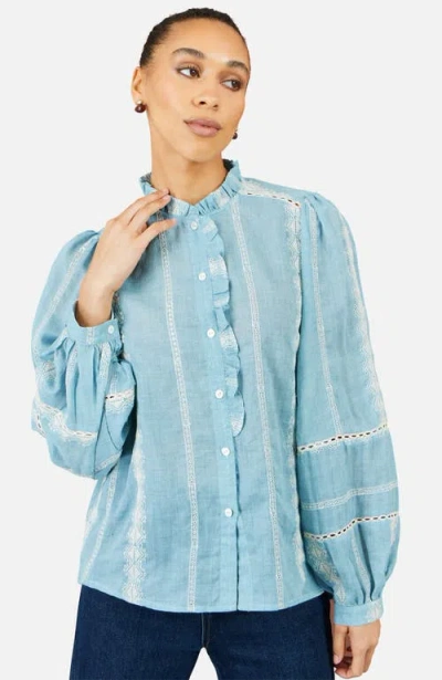 Yumi Cotton Embroidered Panel Shirt In Blue