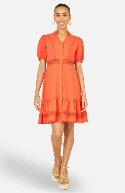 Yumi Cotton Lace Trim Skater Shirt Dress In Orange