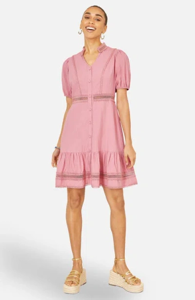 Yumi Cotton Lace Trim Skater Shirt Dress In Pink