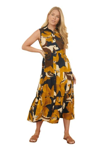 Yumi Cotton Leaf Midi Sleeveless Shirt Dress In Blue