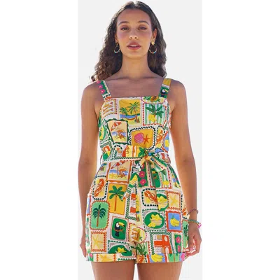 Yumi Cotton Postcard Print Playsuit In Multi