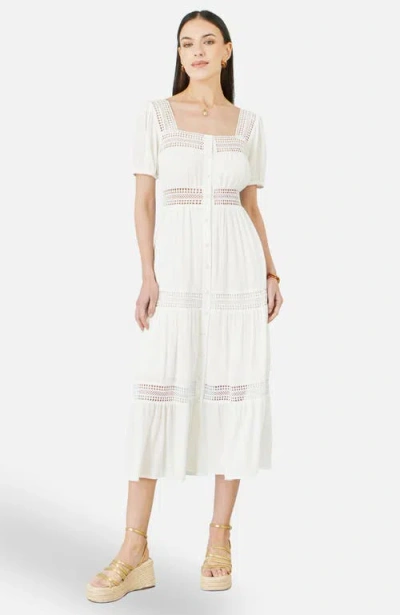 Yumi Cotton Square Neckline Lace Midi Dress In White