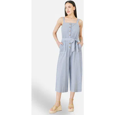 Yumi Cotton Stripe Button Through Jumpsuit In Blue