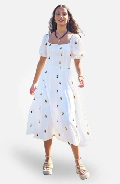 Yumi Cotton Sunflower Embroidered Midi Dress In White