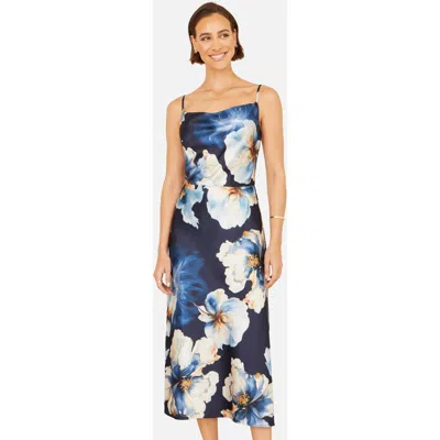 Yumi Cowl Neck Satin Floral Dress In Blue