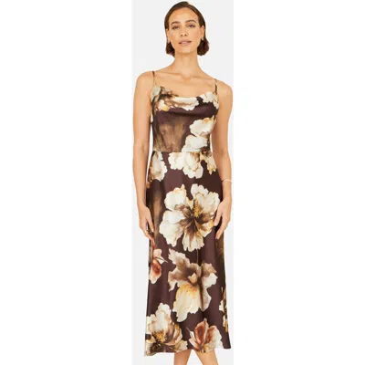 Yumi Cowl Neck Satin Floral Dress In Brown