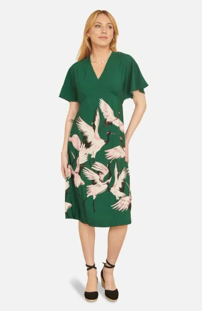 Yumi Crane Print Kimono Midi Dress In Green