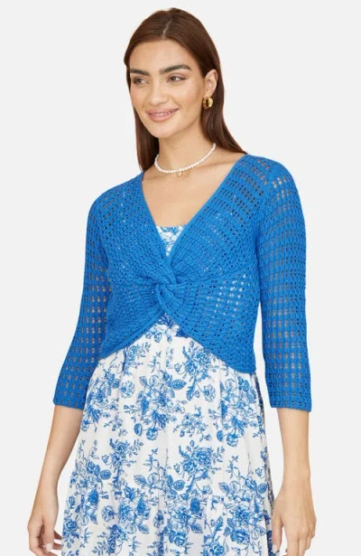 Yumi Crochet Cotton Twisted Bolero Cardigan In Blue