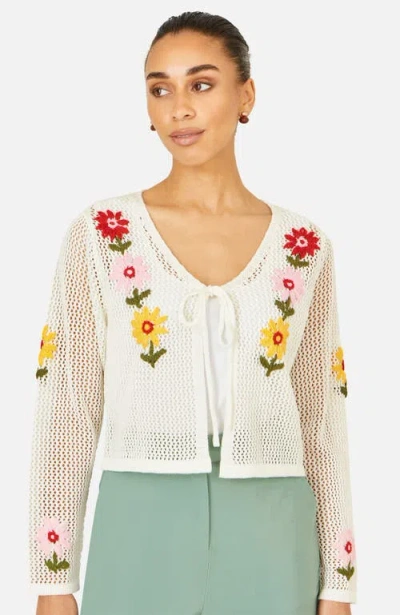 Yumi Crochet Embroidered Flower Cardigan In White