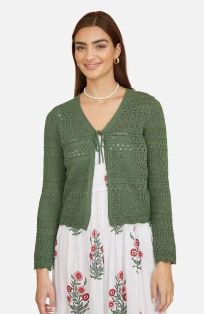 Yumi Crochet Tie Front Cardigan In Green