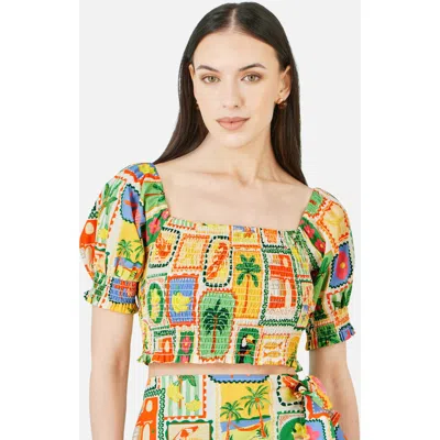 Yumi Cropped Shirred Postcard Print Top In Multi