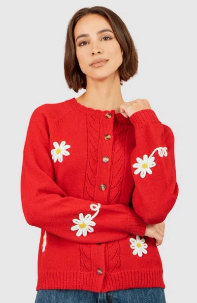 Yumi Daisy Stitch Cardigan In Red