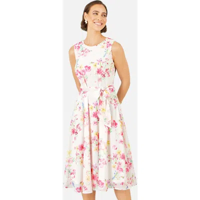Yumi Delicate Floral Midi Skater Dress In White
