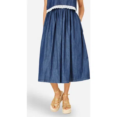 Yumi Denim Chambray Gathered Midi Skirt In Blue