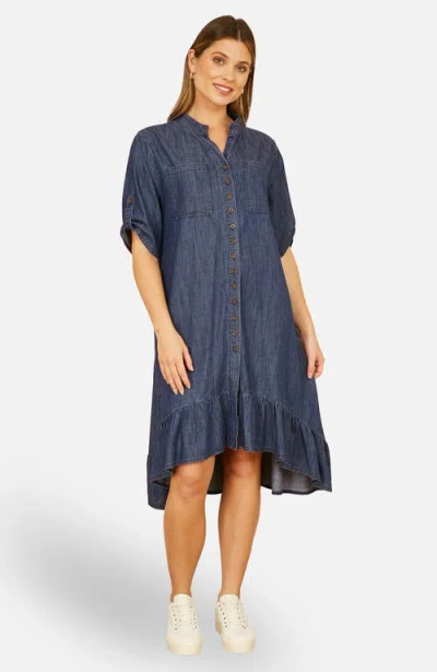 Yumi Denim Dip Hem Relaxed Fit Shirt Dress In Blue