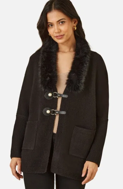 Yumi Detachable Fur Collar Trim Cardigan In Black