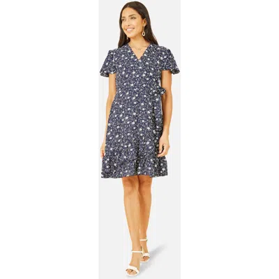 Yumi Ditsy Floral Wrap Frill Dress In Blue