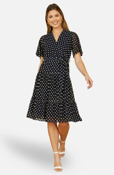 Yumi Dot Print Mesh Stretch Midi Skater Dress In Black
