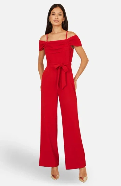 Yumi Draped Bardot Wide-leg Self-tie Jumpsuit In Red