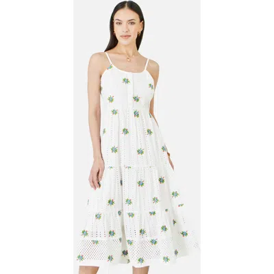 Yumi Embroidered Broderie Midi Sun Dress In White