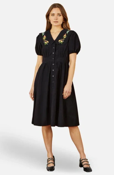 Yumi Embroidered Collar Cord Tea Dress In Black
