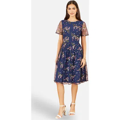 Yumi Embroidered Floral Mesh Fit-flare Dress In Blue