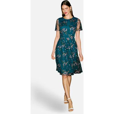 Yumi Embroidered Floral Mesh Fit-flare Dress In Blue
