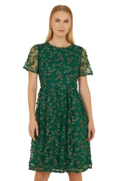 Yumi Embroidered Floral Skater Dress In Green