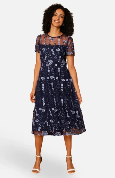 Yumi Embroidered Mesh Midi Dress In Blue