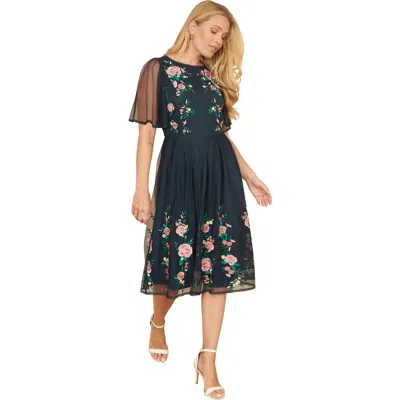 Yumi Embroidered Mesh Sleeve Prom Dress In Blue