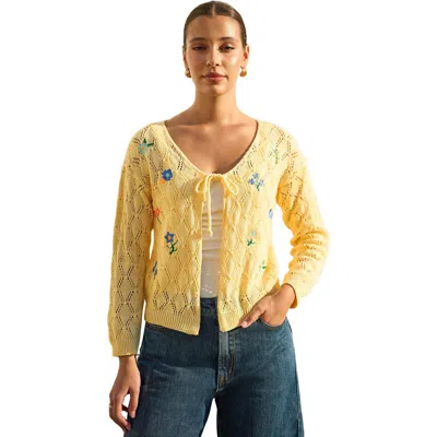 Yumi Embroidered Pointelle Cardigan In Yellow