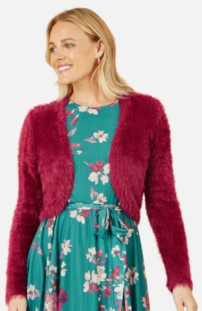 Yumi Eyelash Knit Bolero In Burgundy