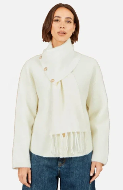 Yumi Eyelash Knit Scarf Neck Cardigan In White