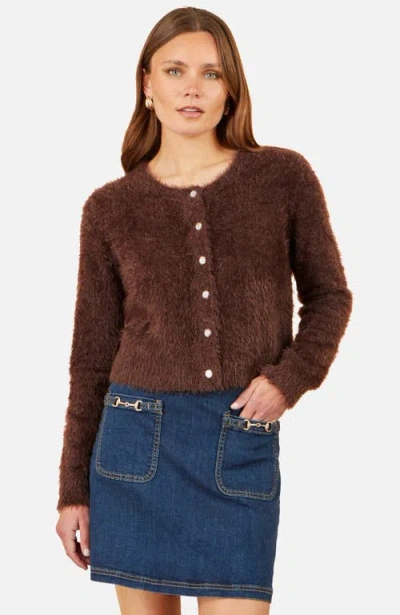 Yumi Eyelash Knit Sparkle-button Cardigan In Brown