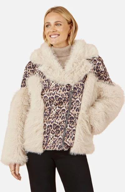 Yumi Faux Fur Biker Leopard Print Jacket In Brown