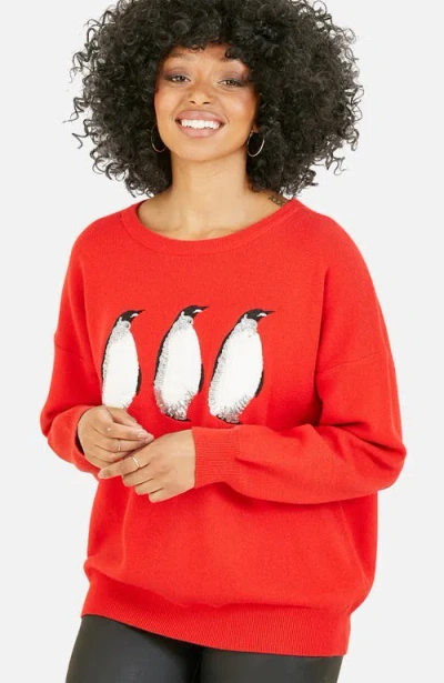 Yumi Festive Penguin Knitted Sweater In Red