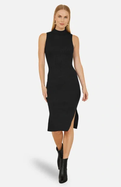 Yumi Fitted Side-slit High-neck Midi Dress In Black