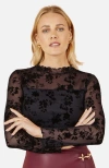 Yumi Flocked Floral Stretch Mesh Top In Black