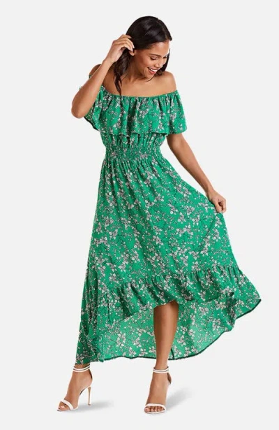 Yumi Floral Bardot Ruffled Hem Midi Dress In Green